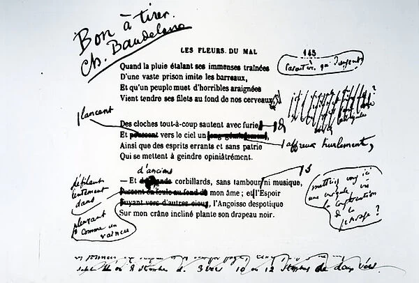 Corrected proof of Les Fleurs du Mal (pen & ink on paper) (b  /  w photo)