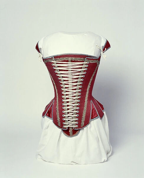 Corset, Stays and Stomacher, 1620-40 (satin, linen & silk ribbon)