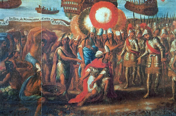 Cortes receiving gifts from the Aztec emperor Montezuma on landing on the coast of Mexico