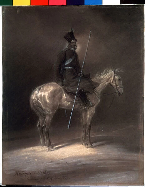 Cosaque a cheval. Cossack on horseback. Dessin de Franz Kruger (1797-1857), 1837. Charbon noir et blanc sur papier. Musee des Beaux Arts Pouchkine, Moscou