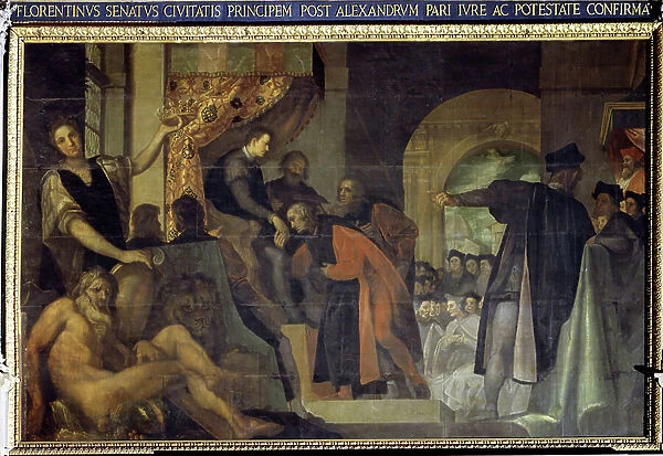 Cosimo I de Medici (Cosimo I de Medici, 1519-1574) appointed Duke by the Senate of Florence. Painting by Jacopo Ligozzi (1547-1632). 16th century Italian mannerism. Cinquecento lounge, Palazzo Vecchio (Palazzo della Signoria) Florence
