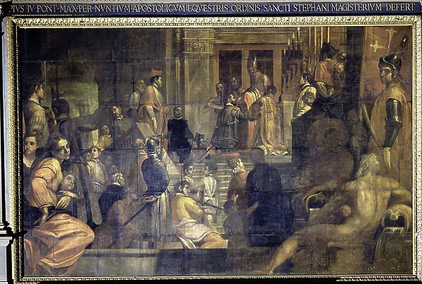 Cosimo I de Medici (Cosimo I de Medici, 1519-1574) founded the Order of Saint Stephen (Santo Stefano). Painting by Passignano (1558-1638). 16th century Italian mannerism. Cinquecento lounge, Palazzo Vecchio (Palazzo della Signoria) Florence