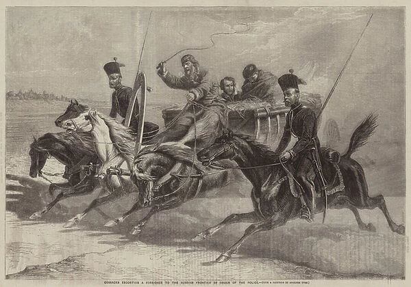 Cossacks escorting a Foreigner to the Russian Frontier by Order of the Police (engraving)