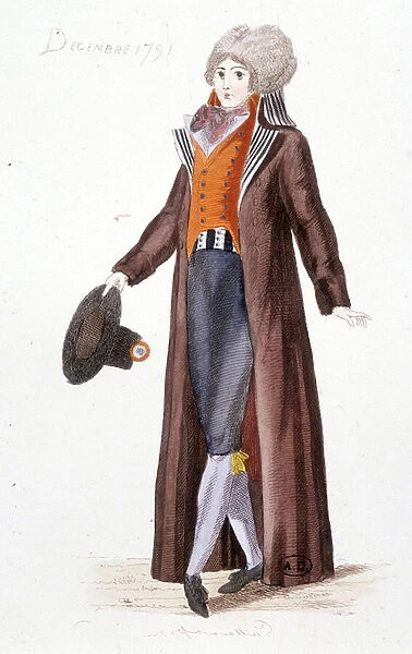 Costume, December 1791. In 'Costumes of the time of the Revolution 1790-1793'. Coloured waters of Mr. Guillaumot Jr. 1876