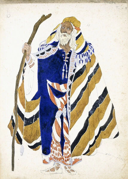 A costume design for a dancer in Suite Arabe, depicting an elderly man holding a staff