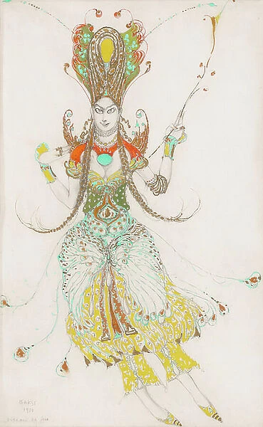 Costume design for Tamara Karsavina as L'Oiseau de Feu, 1910 (pencil, w / c & gouache, heightened with gold, on paper)