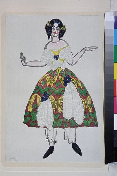 Costume pour le ballet la boutique fantasque de Gioachino Rossini - Oeuvre de Leon Bakst (1866-1924), lithographie 1919 - (Costume design for the ballet 'The Magic Toy Shop'by Gioachino Rossini, by Leon Bakst)