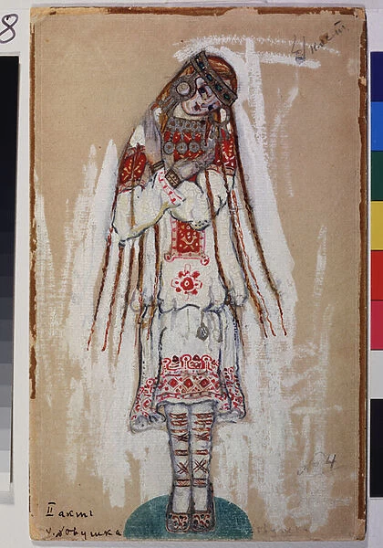 Costume pour personnage feminin du ballet 'Le sacre du printemps'de Igor Stravinsky (1882-1971). Oeuvre de Nicolas (Nicholas) Roerich (1874-1947), gouache sur carton, 1912. Art scenographique russe, 20e siecle, symbolisme