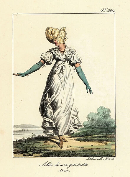 Costume of a young woman, First Empire, France. 1825 (lithograph)
