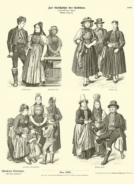 Costumes from Baden, Germany, 19th Century (engraving)