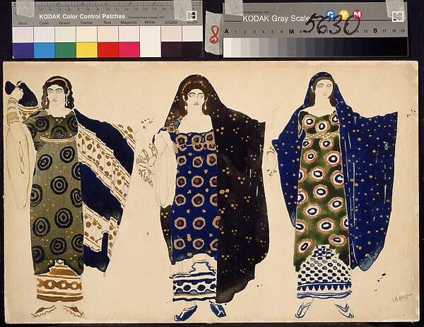 Costumes de femme pour le drame 'Oedipe a Colone'de Sophocles (497 ou 496-407 ou 406 avant JC) (Costume design for drama Oedipus at Colonus by Sophocles). Dessin de Leon Blakst (1866-1924)