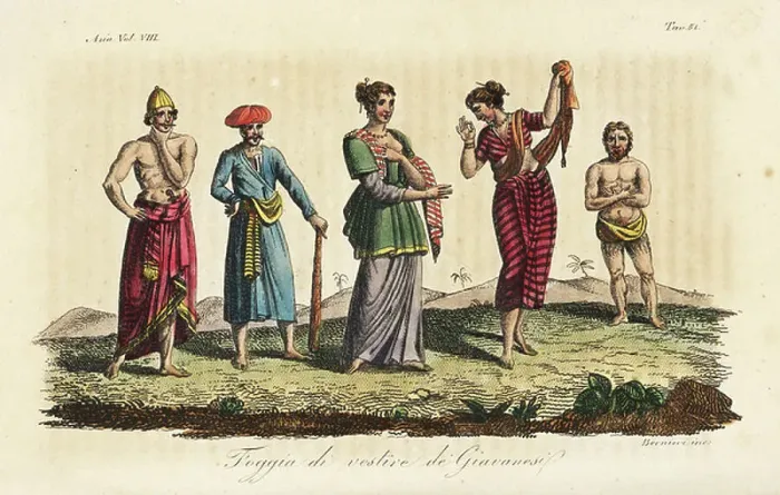 Framed Print : Costumes of the people of Java, Indonesia. Man in cap and skirt, nobleman in cotton robe with cudgel, woman in sarong, female dancer, and man in loincloth