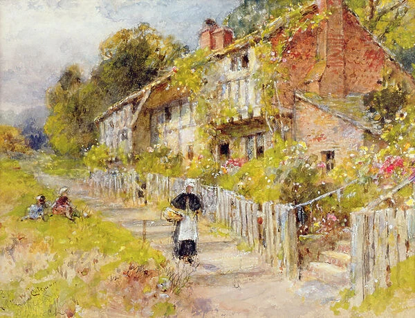 Cottages - a row of cottages with a figure and other children playing (w  /  c on paper)