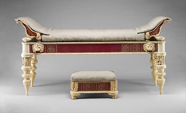 Couch and footstool with bone carvings and glass inlays, c. 100 AD (wood, bone and glass)