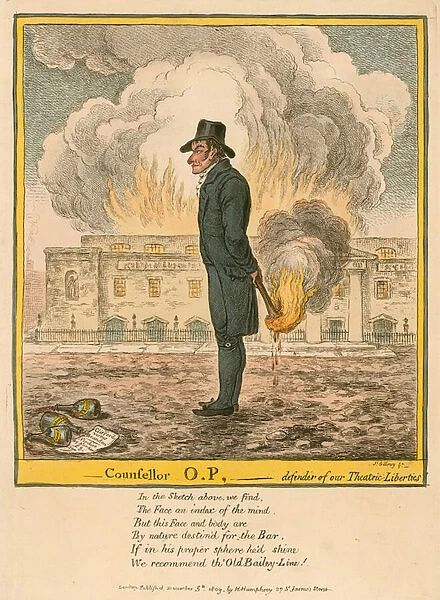 Counsellor O. P. - defender of our Theatric Liberties (coloured engraving)