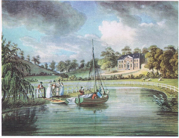 A country house by the river (colour litho)