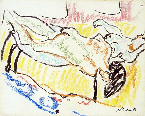 Couple amoureux dans l atelier. Deux nus. (Love Couple In Studio. Two Nudes). Oeuvre de Ernst Ludwig Kirchner (1880-1938), pastel sur papier, 1908-1909. Art allemand, 20e siecle, expressionnisme, art degenere. Collection privee