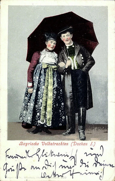 Couple in Bavarian folk costumes (postcard)