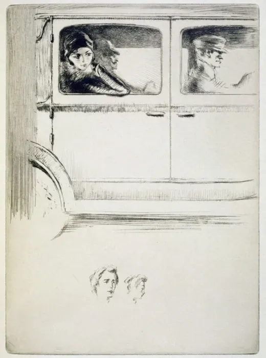 Framed Print : A couple in a chauffeur driven car, illustration for Mitsou by Sidonie-Gabrielle Colette (1873-1954) published 1930 (etching & drypoint)