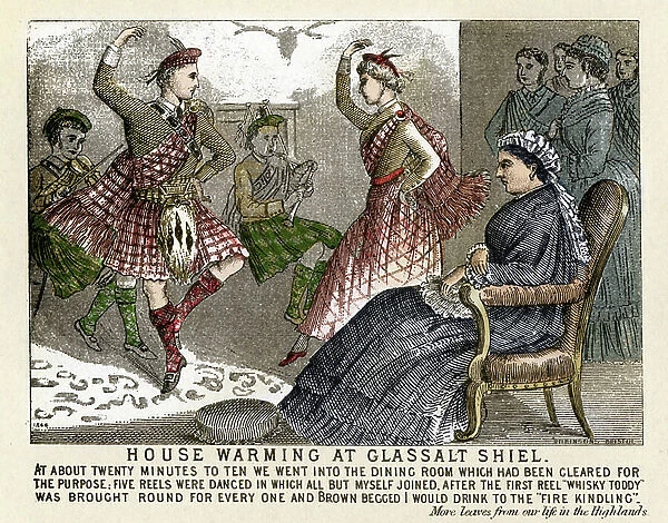 A couple dancing the real, traditional Scottish dance to the sound of the bagpipe, in honor of Queen Victoria (1819-1901) - Men wear the kilt - 19th Century Engraving Private Collection