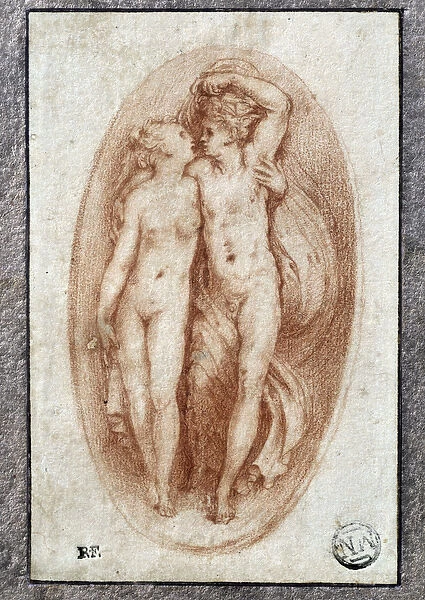 Couple embraces. Drawing a la sanguine by Pietro Buonaccorsi (1500-1546  /  47