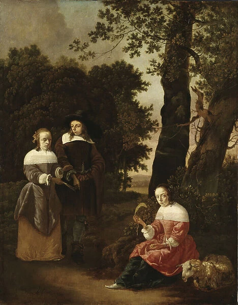 A Couple and a Shepherdess in a Landscape, 1661 (oil on oak)
