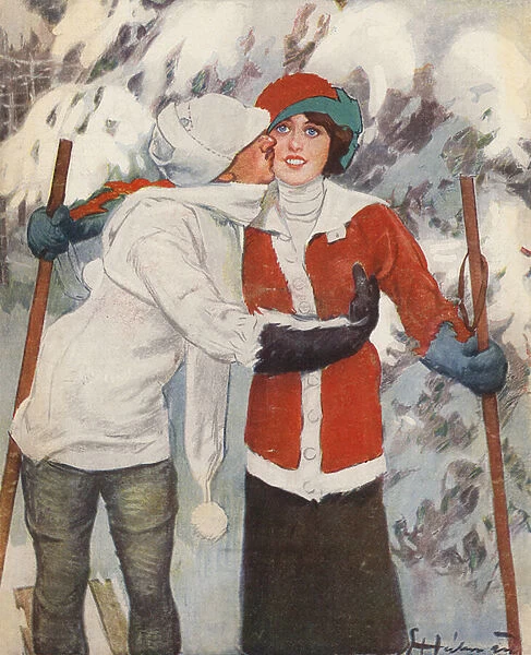 Couple skiing in winter (colour litho)
