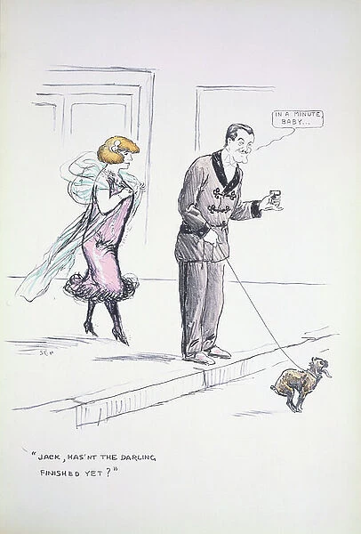 Couple waiting for a dog to finish its business, c.1921 (colour litho)