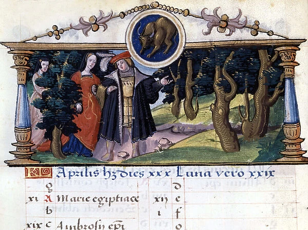 Couple walking in the forest - illumination of the 16th century for calendar