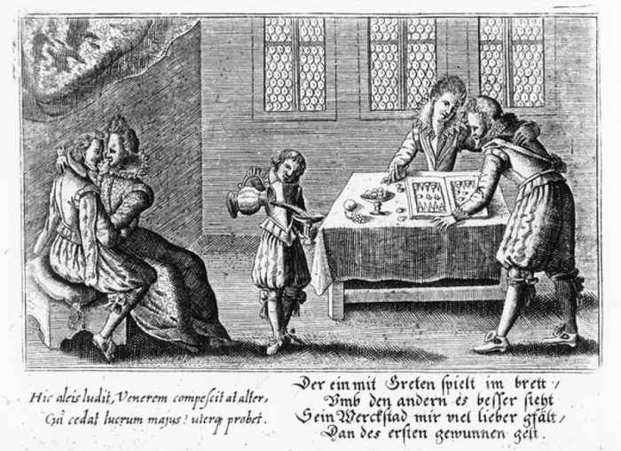 Framed Print : Two couples embrace, one while playing backgammon, c. 1650 (engraving) Framed Print : Two couples embrace, one while playing backgammon, c. 1650 (engraving)