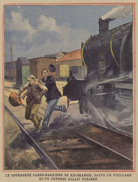 Courageous level crossing guard saving an old man from being struck by a train at Ris-Orangis, France (colour litho)