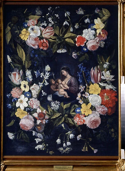 Couronne de fleurs avec la Vierge et l Enfant (Floral Wreath with Madonna and Child). Peinture de Daniel Seghers (1590-1661). Huile sur toile, 82 x 64 cm. art flamand, art baroque. State Art Museum, Tula (ou Tolan)