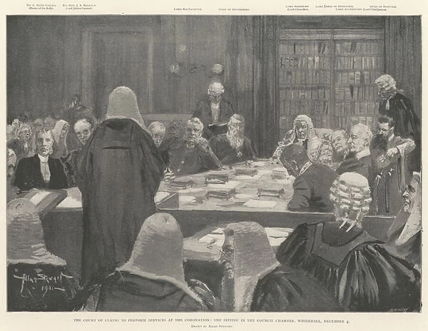 The Court of Claims to perform Services at the Coronation, the Sitting in the Council Chamber, Whitehall, 4 December (engraving)