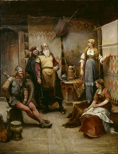A courting messenger from the Viking Harald Harfagre to Gyda (oil on canvas)