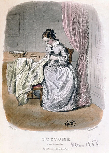 A Couturier at Work, engraved by Gervais (19th century) 1854 (coloured engraving)
