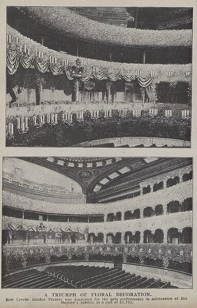 Covent Garden Theatre decorated for the gala performance in celebration of Queen Victorias Jubilee, at a cost of £1, 755 (b  /  w photo)