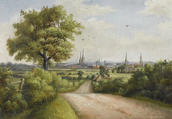 Coventry Spires from Barkers Butts Lane, early 20th century (oil on board)
