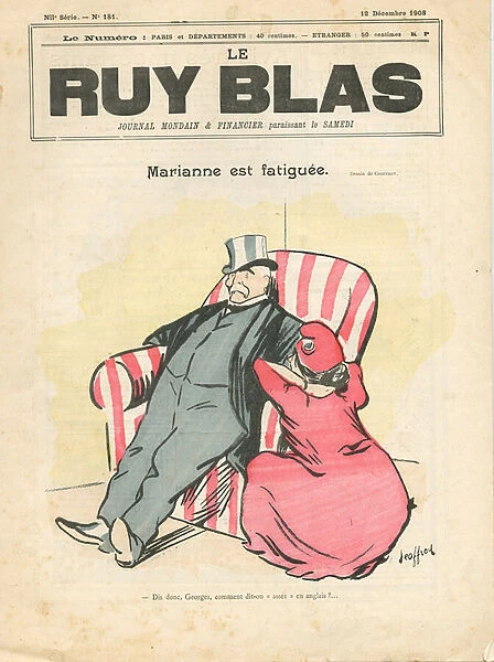 Cover of 'Le Ruy Blas', 1908_12_12 - Illustration by Geoffroy (1853-1924): Marianne est fatiguee - Clemenceau George, Marianne