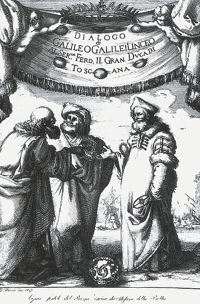 Cover of the work ' Dialogo di Galileo Galilei Linceo Al Sermo. Ferd. II. Big. Duca di Toscana', 1632 (engraving)