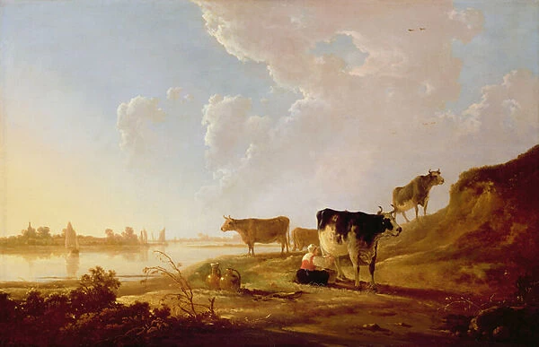 Cows near a River (oil on panel)