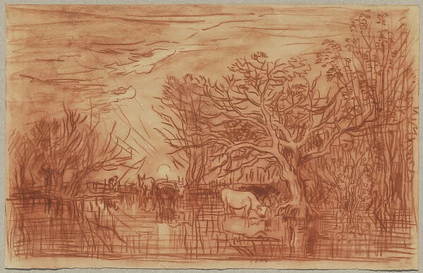 Cows at a watering hole, c. 1863 (red chalk with stumping on cream wove paper)