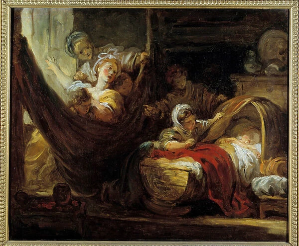 The cradle A mother on a hammock surrounded by her daughters and an infant in a basket
