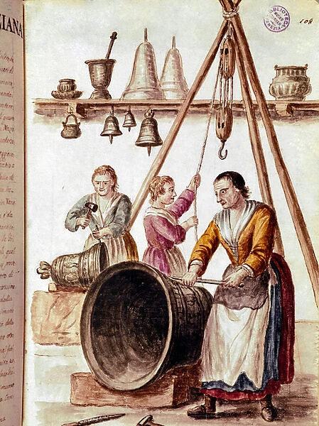 Crafts: the bells maker Watercolour drawing and ink from a manuscript by Jan van