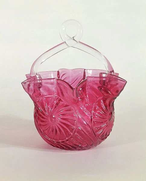 Cranberry glass fruit or flower basket, c. 1890 (glass)