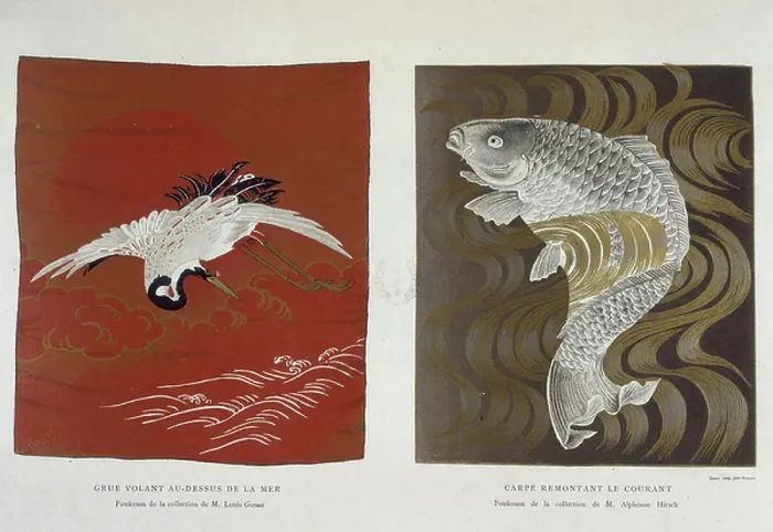 Framed Print : A Crane and Carp, 1883. Two Japanese style illustrations depicting a crane flying above the sea and a carp swimming upstream against the current, from L Art Japonais. (Eaux fortes et... dessins de M. Guerard, etc.) (Paris, 1883)