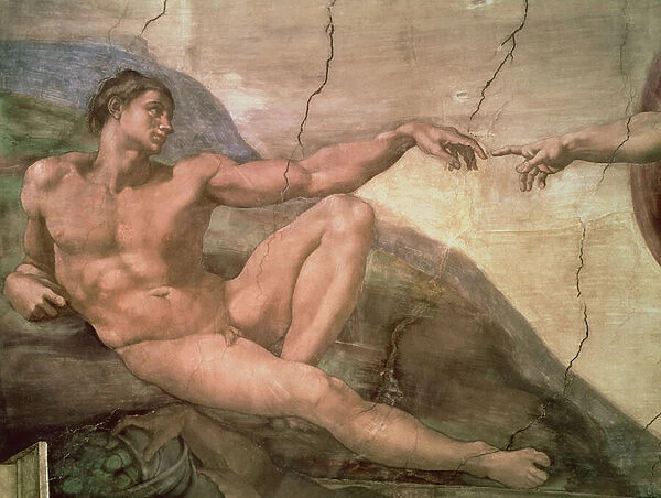 The Creation of Adam, from the Sistine Ceiling, 1511 (fresco) (pre-restoration)