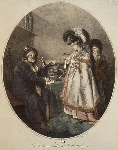 Credulous lady and astrologer, engraved by Pierre Simon (d. c. 1810) (colour litho)