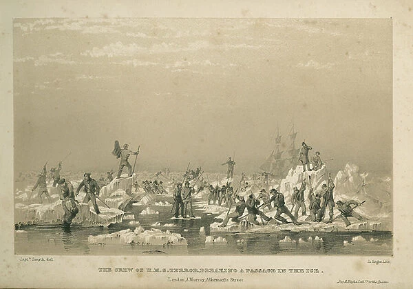The crew of the H.M.S. Terror, breaking a passage in the ice, 1838 (litho)