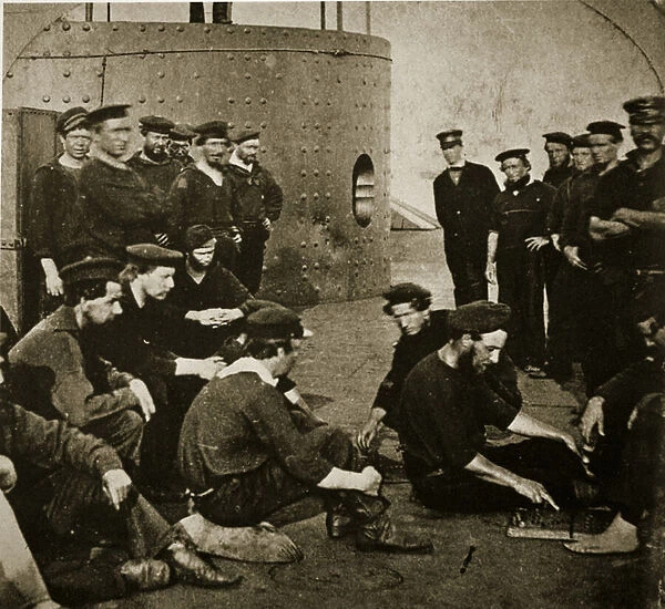 Crew of the original Monitor on deck, 1862 (b  /  w photo)