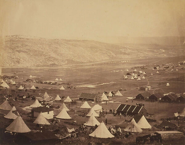 Crimean War 1853-1856: British cavalry camp, looking towards Kadikoi, 1855. Photograph by Rogern Fenton (1819-1869) American war photographer. Tent canvas Russia France Turkey Britain Ottoman